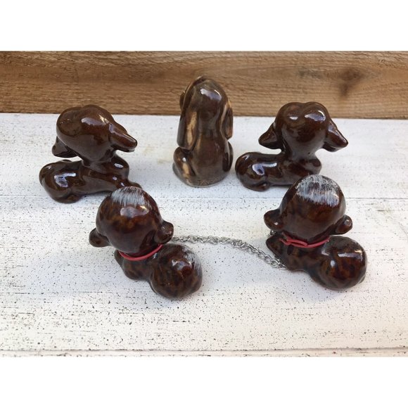 5 Vtg Japan Brown Dogs On Chain Ceramic Figurine Set Redware Pottery MCM 60s - Picture 3 of 6